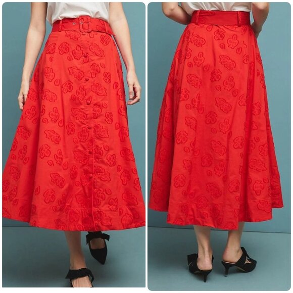 Anthropologie Sandra Belted Long Maxi Skirt Womens 8 Red 3D Floral A-line Flare - Picture 3 of 16